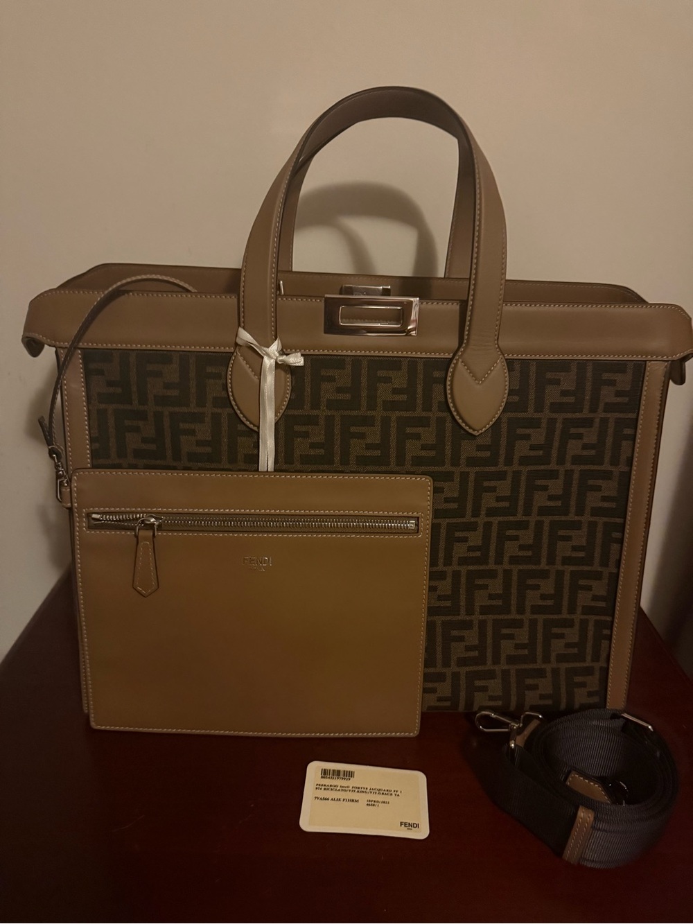 Fendi Brown/Beige Monogram Tote with Detachable Pouch and Strap
